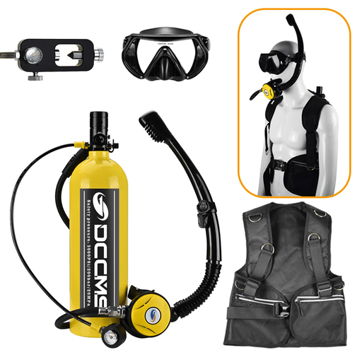 DCCMS DS-2000 2L Scuba Diving Cylinder Set Mini Oxygen Tank Respirator Snorkel Tube Anti-Fog Diving Goggles Adapter Diving Vest