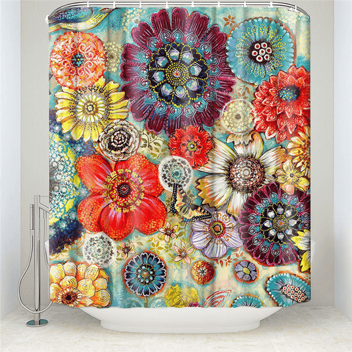 180Cmx180Cm Colorful Flowers Shower Curtain Set Durable Waterproof Shower Mat Set