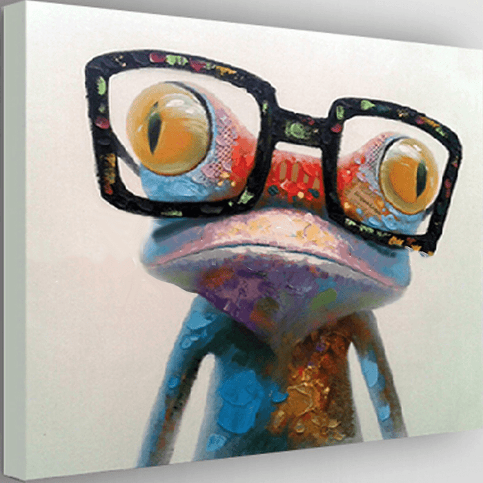 Miico Hand Painted Oil Paintings Animal Modern Art Happy Frog with Glasses on Canvas Wall Art for Home Decoration 30X30Cm