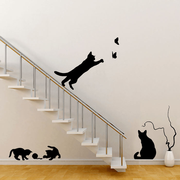 Removable Cat Play Butterflies Wall Sticker for Bedroom, Kitchen, and Living Room Decor