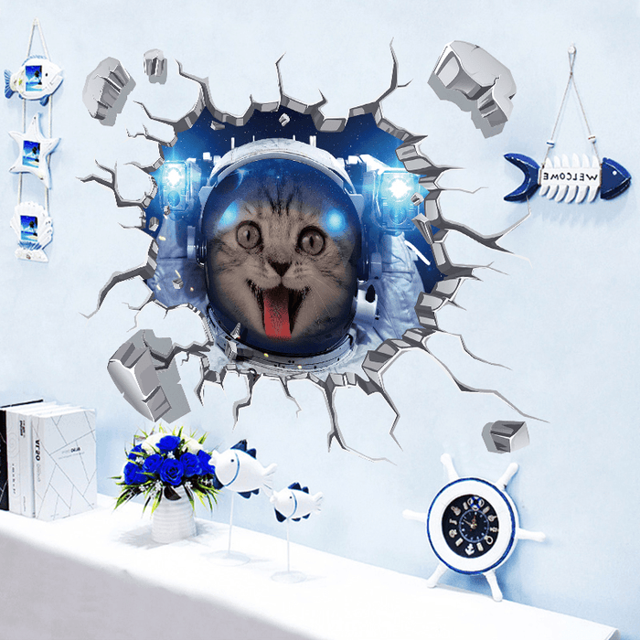 Miico Creative 3D Space Astronaut Cat Broken Wall PVC Removable Home Room Decorative Wall Floor Decor Sticker