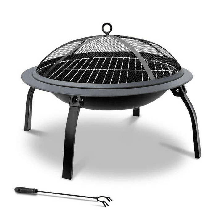 22Inch Folding Steel Fire Pit BBQ Grill round Fire Bowl Lightweight with Log Grate Mesh Cover BBQ Stove for Camping Picnic Bonfire Patio Garden