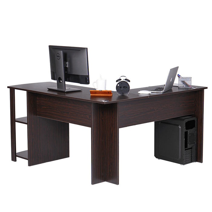 L Shape Computer Laptop Desk Conner Table 2 Tiers Shelf Bookshelf 53"L 28"H Wood for Home Office Study Working