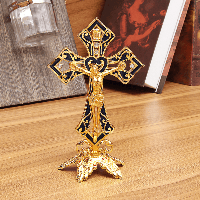 Metal Alloy Jesus Christ Cross Golden Arrangement Vintage Statue Table Decor Box Decorations