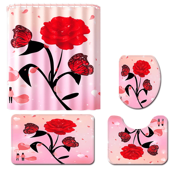 Rose Flower Waterproof Shower Curtain Non-Slip Rug Toilet Cover Bath Mat Decor