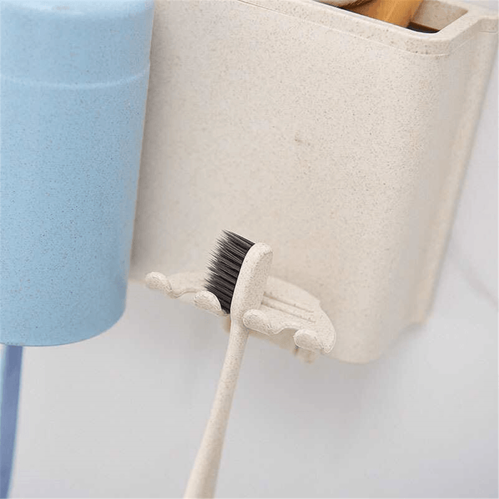 Multifunctional Wheat Straw 6 Toothbrushes Holder 2 Cups Suction Stand Home Bathroom Wall Mount