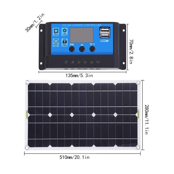 100W Max. 50W Battery Dual USB Charger Solar Panel Controller W/ Clip Kits Motorhome Boats Car