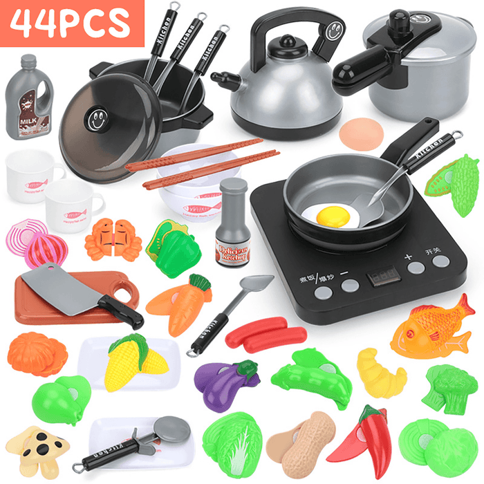 10/15/28/36/44Pcs Kids Kitchen Pretend Play Toys Cookware Toys with Pots and Pans for Toddlers Girls Boys Cooking Playset Toys for Kids Kitchen Playset Accessories