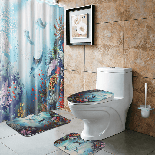 Printed Ocean World Whale Waterproof Bathroom Shower Curtain Toilet Mat Set