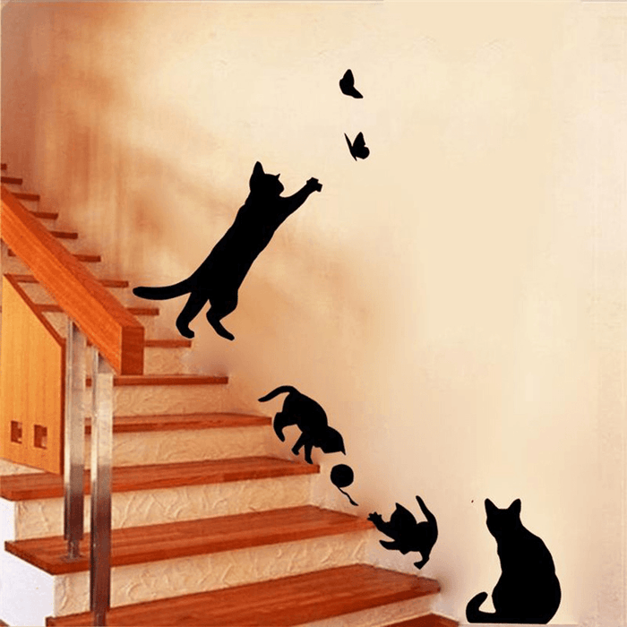 Removable Cat Play Butterflies Wall Sticker for Bedroom, Kitchen, and Living Room Decor