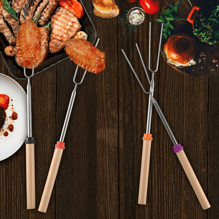 10 Pcs BBQ Fork Stainless Steel BBQ Skewer Wooden Handle BBQ Needle Reusable Barbecue Meat String Grill Fork BBQ Accessories