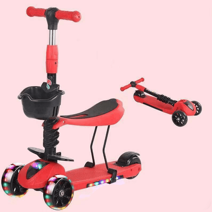 2-In-1 Folding Kids Scooter with Seat Saddle Toddlers Walker Children Bicycle with Flashing Wheels for 3-6 Years Old