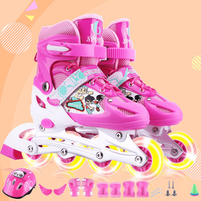 3 Sizes Adjustable Inline Skates Set with LED Flashing Wheels Safe Roller Light up Illuminating Wheels Beginner Skates Roller with Protective for Adult＆Kids