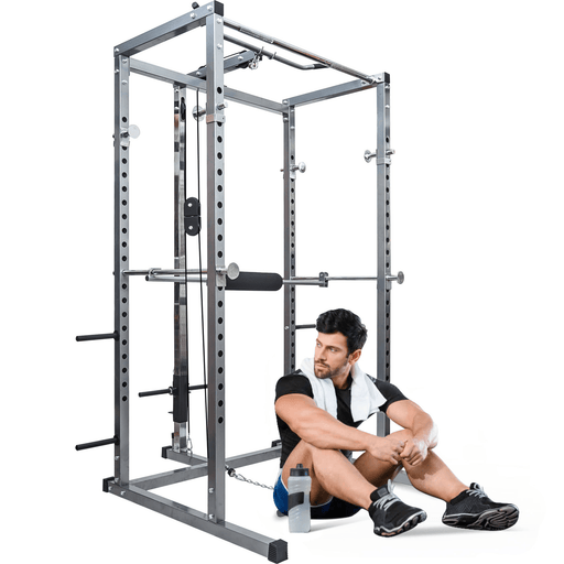 [US Direct] BOMINFIT Multi-Function Power Cage Power Tower 17.5-68'' High Adjustable Dipping Station Barbell Stand Squat Cage for Weight Training Max Loading 800Lbs