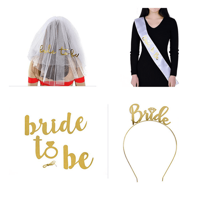 Bride to Be Wedding Veils Ring Crown Bridal Sash Party Decoration Set Gold Color Wedding Decor