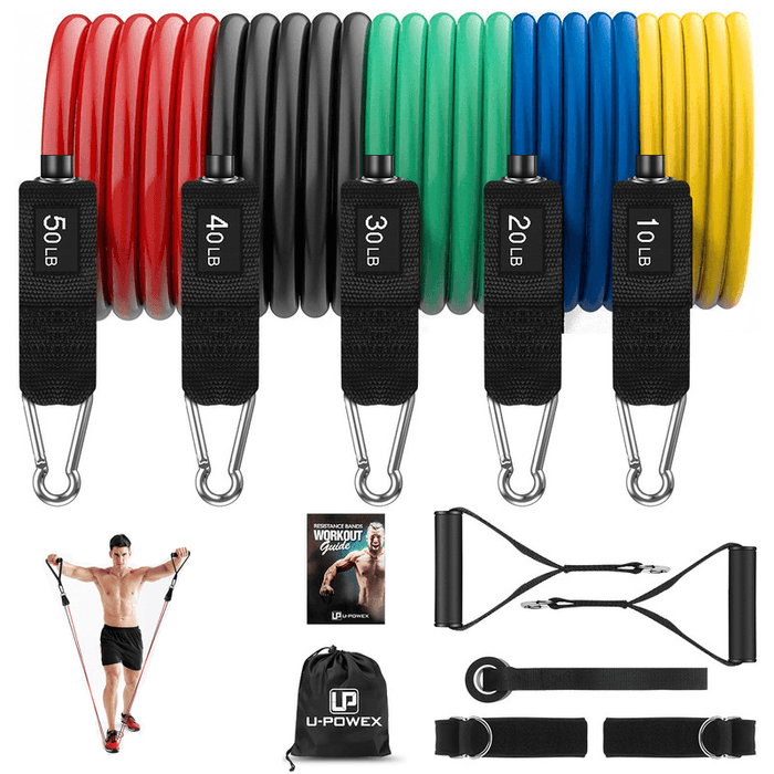 KALOAD 5 Pcs 150Lbs Fitness Resistance Band Set Sport Pull Rope with Metal Foot Ring Handle Storage Bag Home Gym Exercise Bands