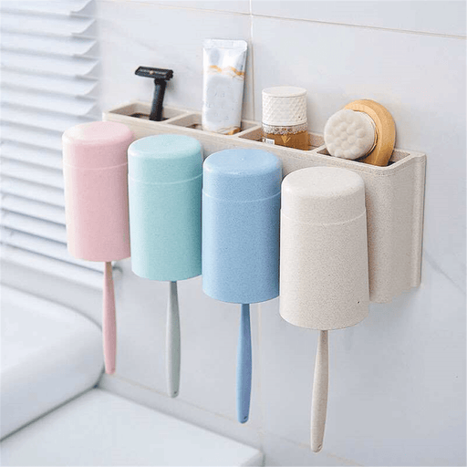 Multifunctional Wheat Straw 6 Toothbrushes Holder 2 Cups Suction Stand Home Bathroom Wall Mount