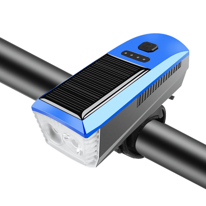 Solar Powered USB Rechargeable T6 Bike Light Multifunction 4 Modes Waterproof 350LM 120Db Horn Super Bright Bike Headlight Front Lights Bike Accessories