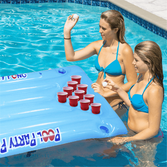 PVC Inflatable Beer Pong Ball Table Water Floating Raft Lounge Pool Drinking Game 24 Cups Holder