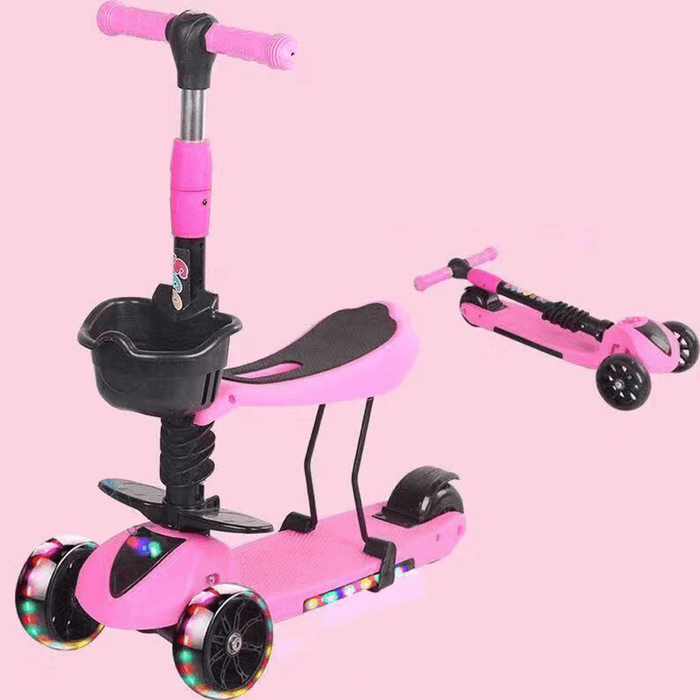 2-In-1 Folding Kids Scooter with Seat Saddle Toddlers Walker Children Bicycle with Flashing Wheels for 3-6 Years Old