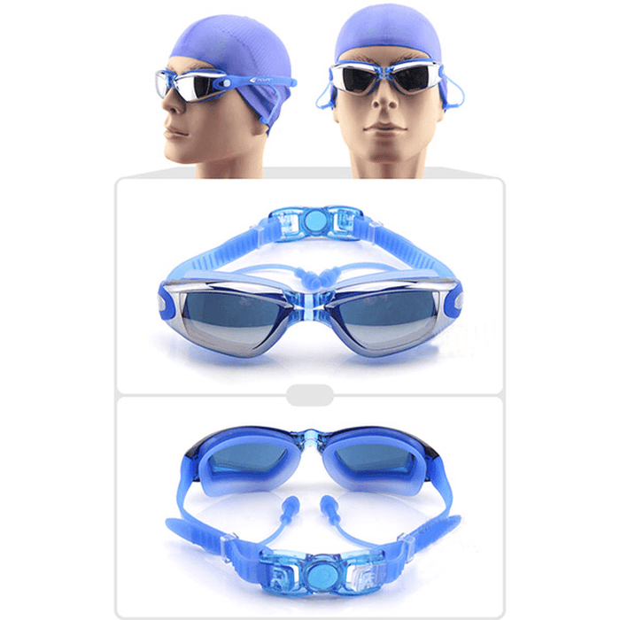 Swimming Goggles with Earplug Waterproof anti Fog Mirrored Large Frame HD Goggles for Men Women