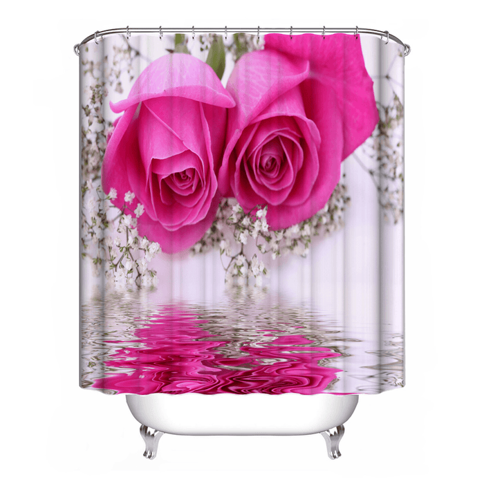 Pink Rose Waterproof Bathroom Shower Curtain Toilet Cover Bath Mat Pedestal Rug