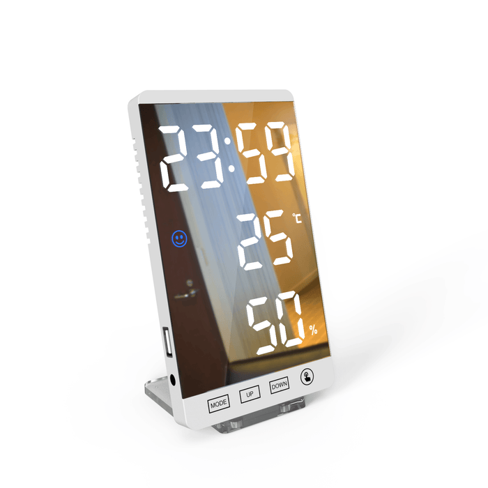 Smart Mirror LED Clock Decorative Phone Charger Alarm Clock 4-Level Brightness Digital Clock with Weather Temperature Display USB Port