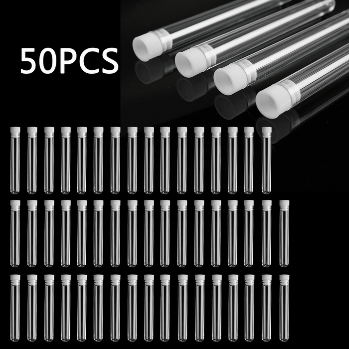 50Pcs 12X100Mm Clear Plastic Test Laboratory Tubes Container with White Push Caps