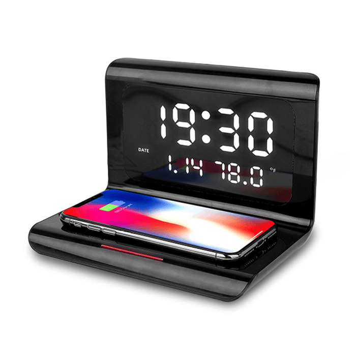 Electric LED 12/24H Alarm Clock with Phone QI 10W Wireless Charger Table Digital Thermometer LED Display Desktop Clock Perpetual Calendar