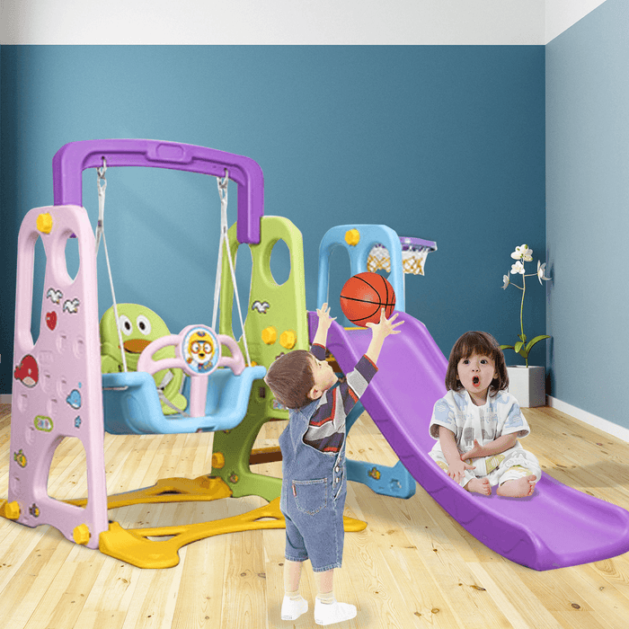 3 in 1 Kids Indoor Outdoor Play Slide Swing with Safety Backrest Basketball Hoop Ladder Climber Set Toys for Children Kids