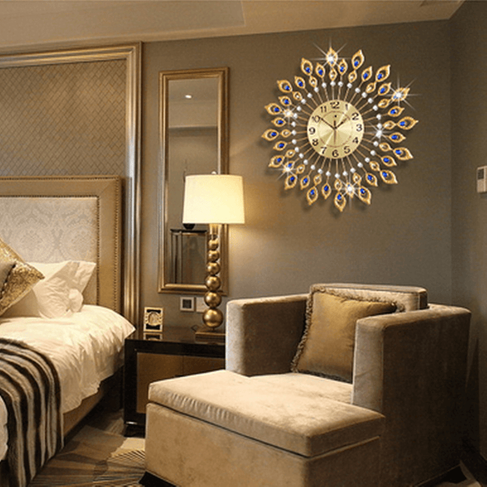 67CM Luxury Peacock Diamond Iron Art Wall Clock Living Bed Room Watch Home