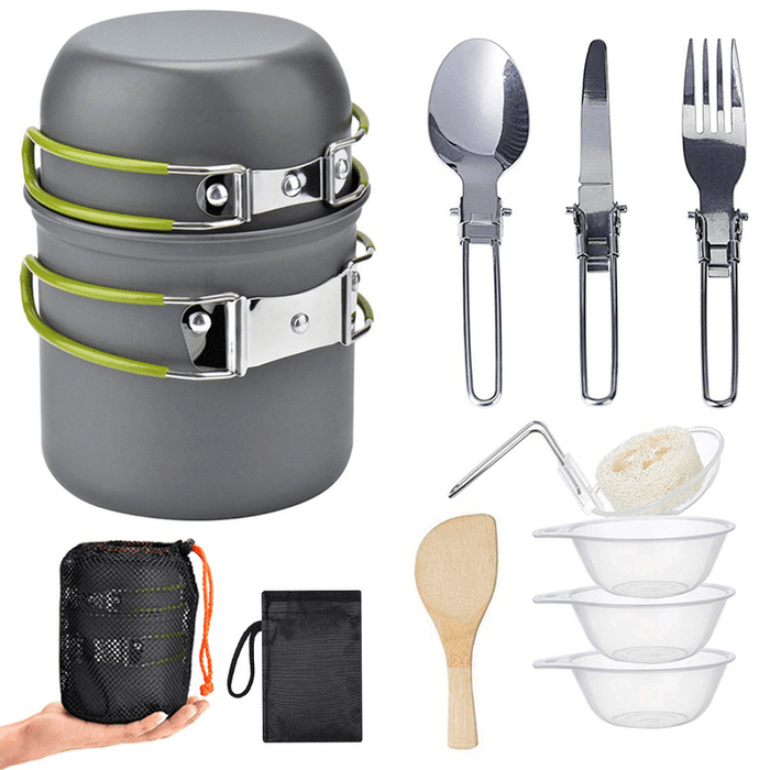 Ipree® 12Pcs/Set Camping Cookware Set Stainless Steel Portable Set of Pots and Pans Outdoor Camping Cutlery