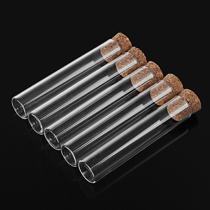 5Pcs 20X100Mm Glass Test Tube Flat Bottom Sample Seal Tube with Wooden Stopper Lab Glassware