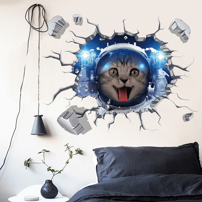 Miico Creative 3D Space Astronaut Cat Broken Wall PVC Removable Home Room Decorative Wall Floor Decor Sticker