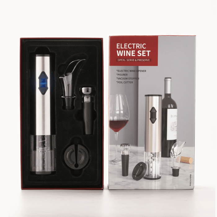 Electric Vino Bottle Opener Set Stainless Steel Automatic Corkscrew Opener Puller Kit with Foil Cutter Vacuum Stopper and Pourer