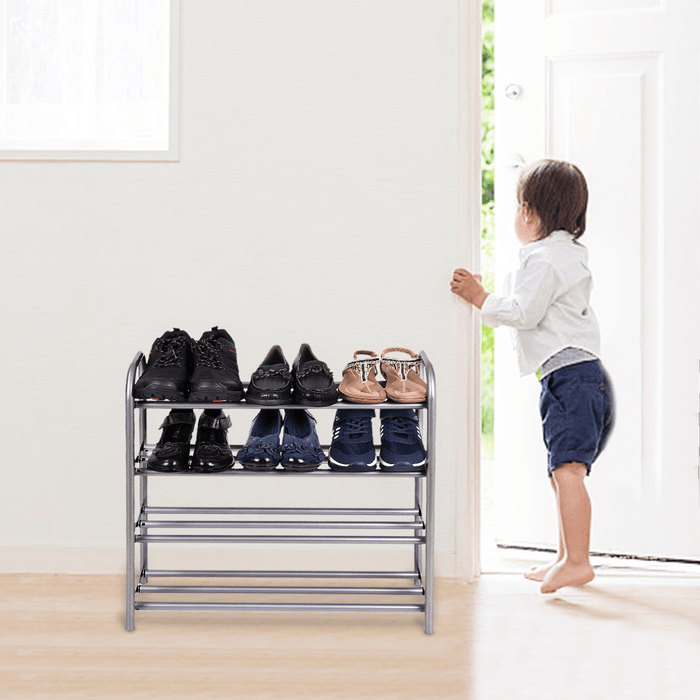 GEMITTO Silver Grey 4 Layers Extendable Shoe Organiser Racks Heavy Duty Shoe Stand Storage