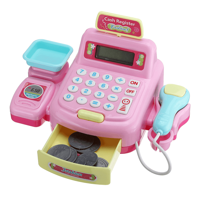 Children Emulational Supermarket Cash Register Toy Checkout Scanner Weighing Platform+Coins Pretend Play with Sound＆Light Interest Development Gifts