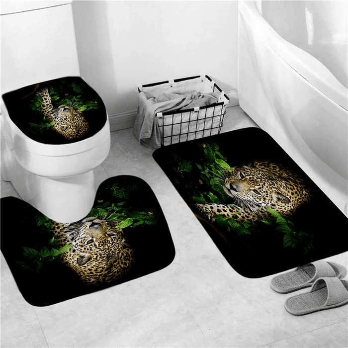 3D Leopard Pattern Shower Curtain Anti-Slip Bath Mat Toilet Pad Set Toilet Pattern Carpet for Home Bath Decor