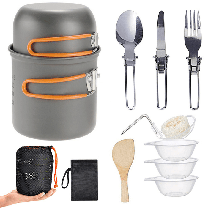 Ipree® 12Pcs/Set Camping Cookware Set Stainless Steel Portable Set of Pots and Pans Outdoor Camping Cutlery