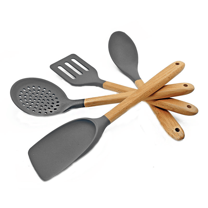 7 Pcs Wooden Handle Silicone Kitchenware Outdoor Camping Tableware Portable Multi Cooking Tools