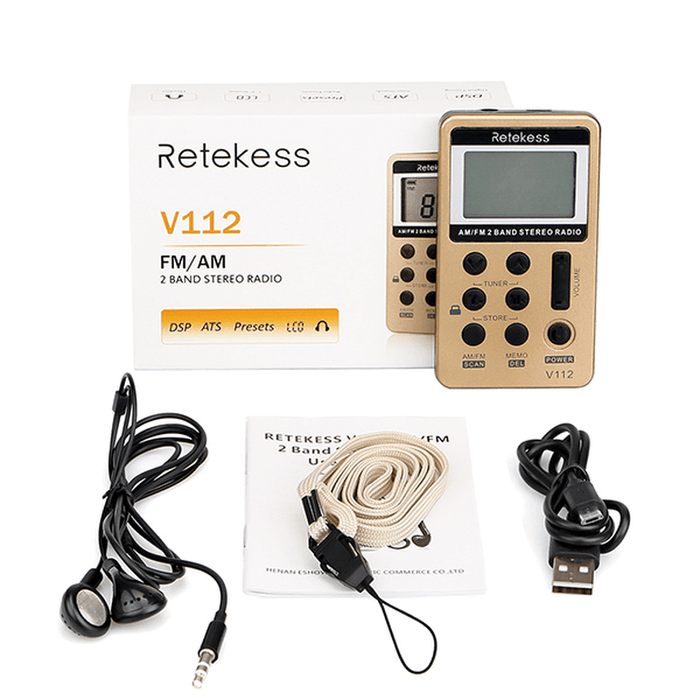 Retekess V-112 Gold Portable AM FM Stereo Radio with Earphones Pocket Mini Digital Tuning Rechargeable Battery Operated Radio LCD Display Radio for Walk