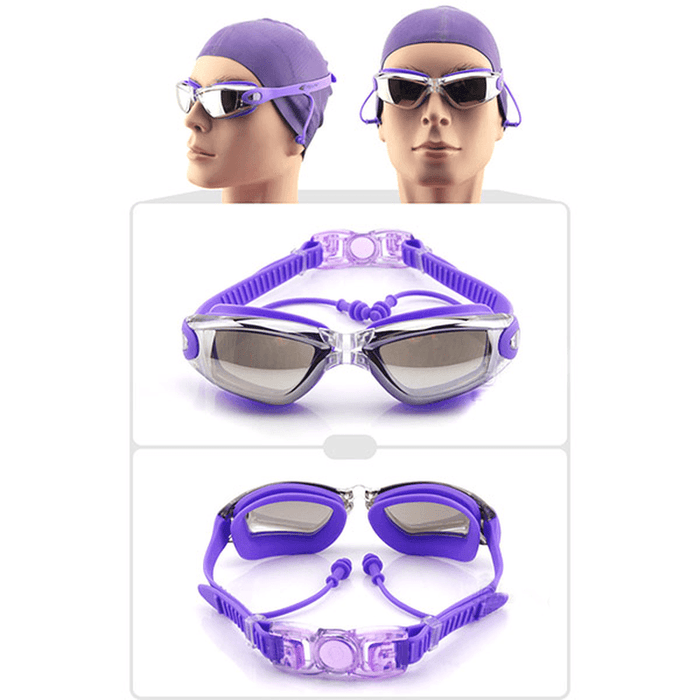 Swimming Goggles with Earplug Waterproof anti Fog Mirrored Large Frame HD Goggles for Men Women