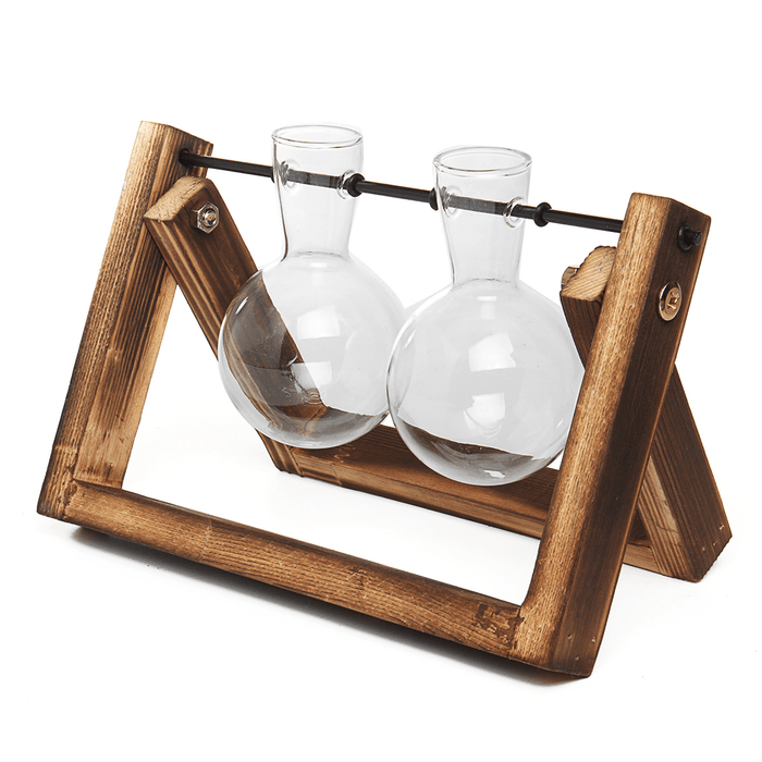 Mini Hanging Glass Tabletop Hydroponic Flower Pot Vase with Wooden Tray