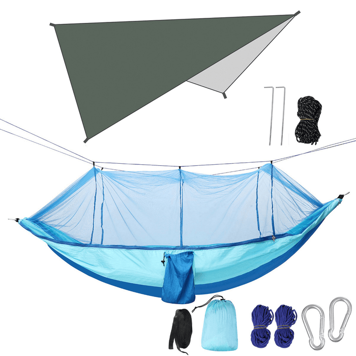 Double Person Camping Hammock with Mosquito Net + Awning Outdoor Hiking Travel Hanging Hammock Set Bearable 300Kg