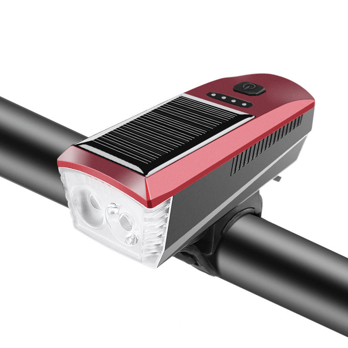 Solar Powered USB Rechargeable T6 Bike Light Multifunction 4 Modes Waterproof 350LM 120Db Horn Super Bright Bike Headlight Front Lights Bike Accessories