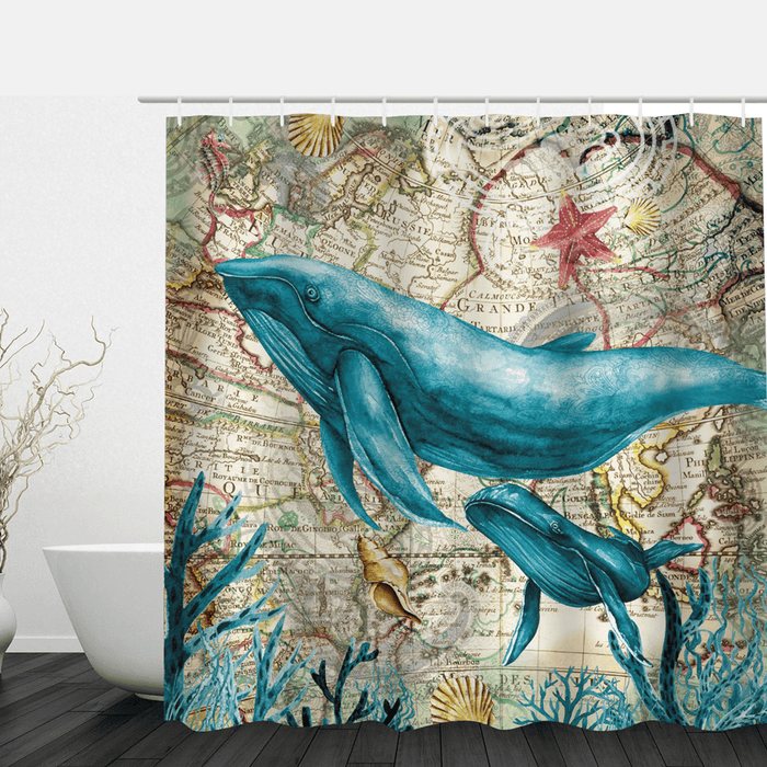180 X 180Cm Turtles/ Whale Printed Pattern Shower Curtain Waterproof Bathroom Decorative Curtains with 12 Hooks