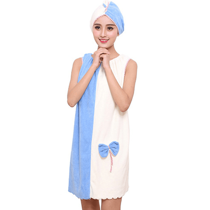 Honana BX-969 Flannel Soft Absorbent Skirts Salon Bathrobe Women SPA Bath Towel with Hair Dry Cap