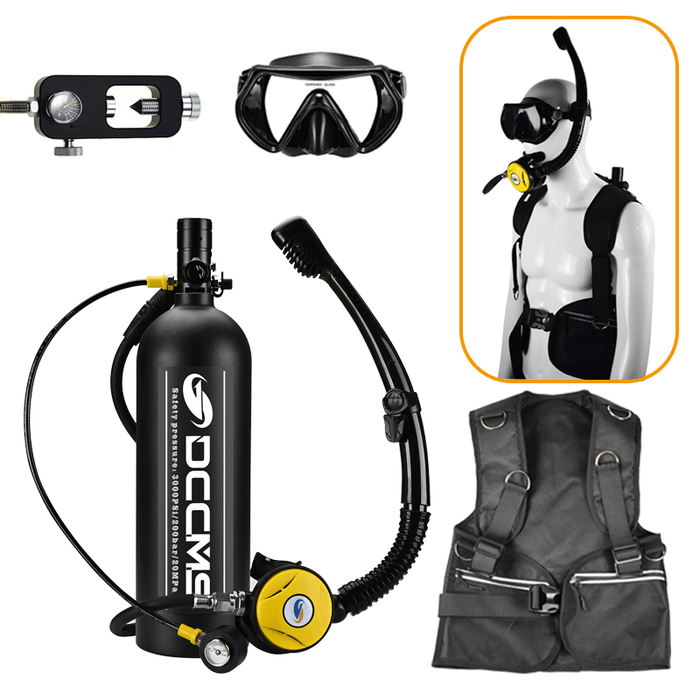 DCCMS DS-2000 2L Scuba Diving Cylinder Set Mini Oxygen Tank Respirator Snorkel Tube Anti-Fog Diving Goggles Adapter Diving Vest