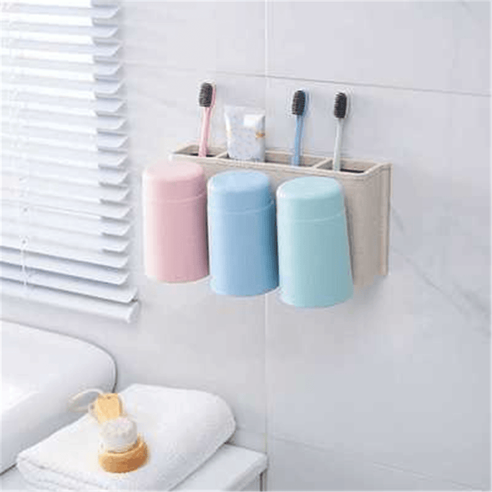 Multifunctional Wheat Straw 6 Toothbrushes Holder 2 Cups Suction Stand Home Bathroom Wall Mount