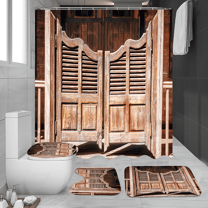 Old Wooden Door Retro Bath Pedestal Rug Lid Toilet Cover Mat Shower Curtain